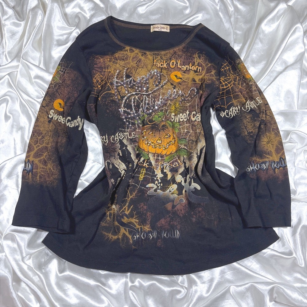 y2k Long Sleeve Top Black Excellent Halloween Rhinestone Graphic Studio Gem Q